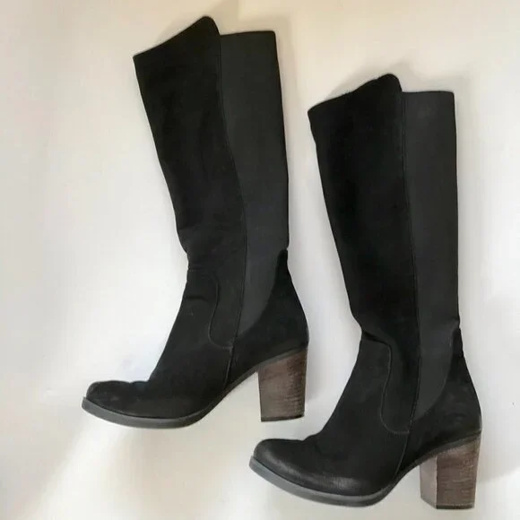 BUENO Black Nubuck Suede Knee-High Stacked Heel Almond Toe Slip-on Elastic EU 39 - Picture 2 of 16